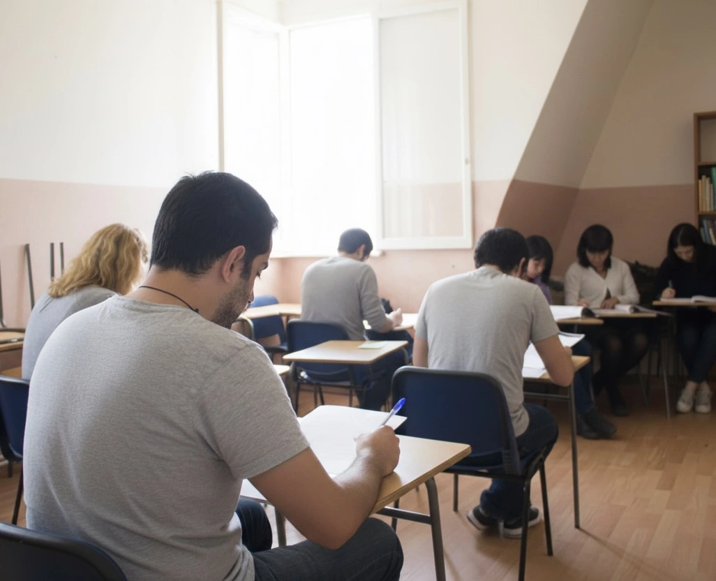 Students sat in a room and taking an exam.