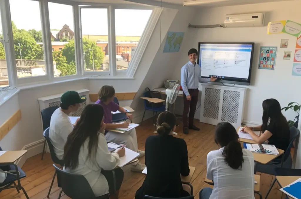Teacher and students in an interactive English class.