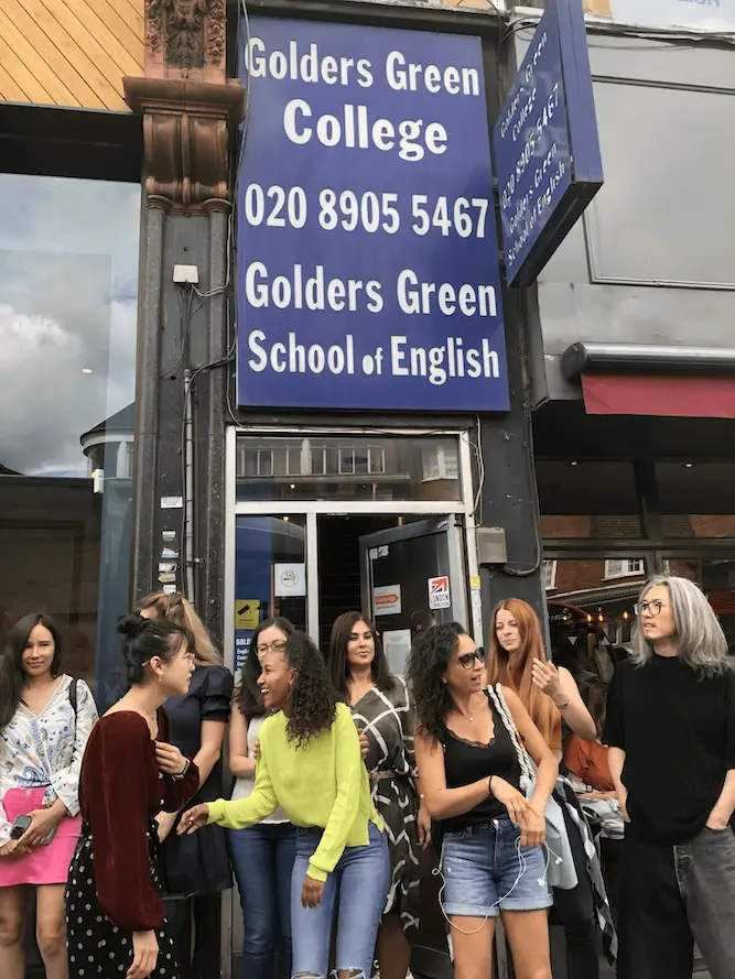 Students gathered in front of the school.
