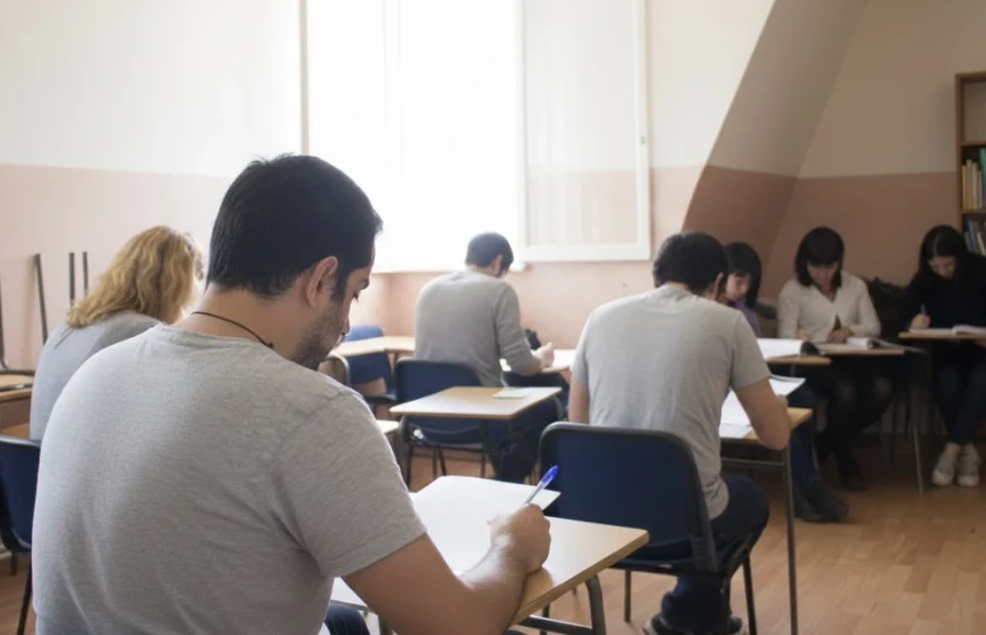 Students sat in a room and taking an exam.