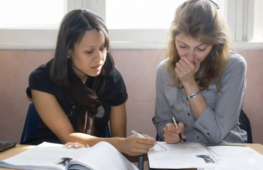 A student and a teacher having a private lesson.